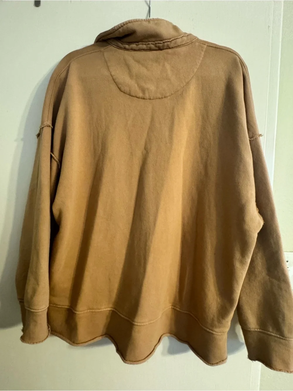 Aerie Cozy Oversized Distressed V-Neck Sweatshirt in Camel - Picture 5 of 5